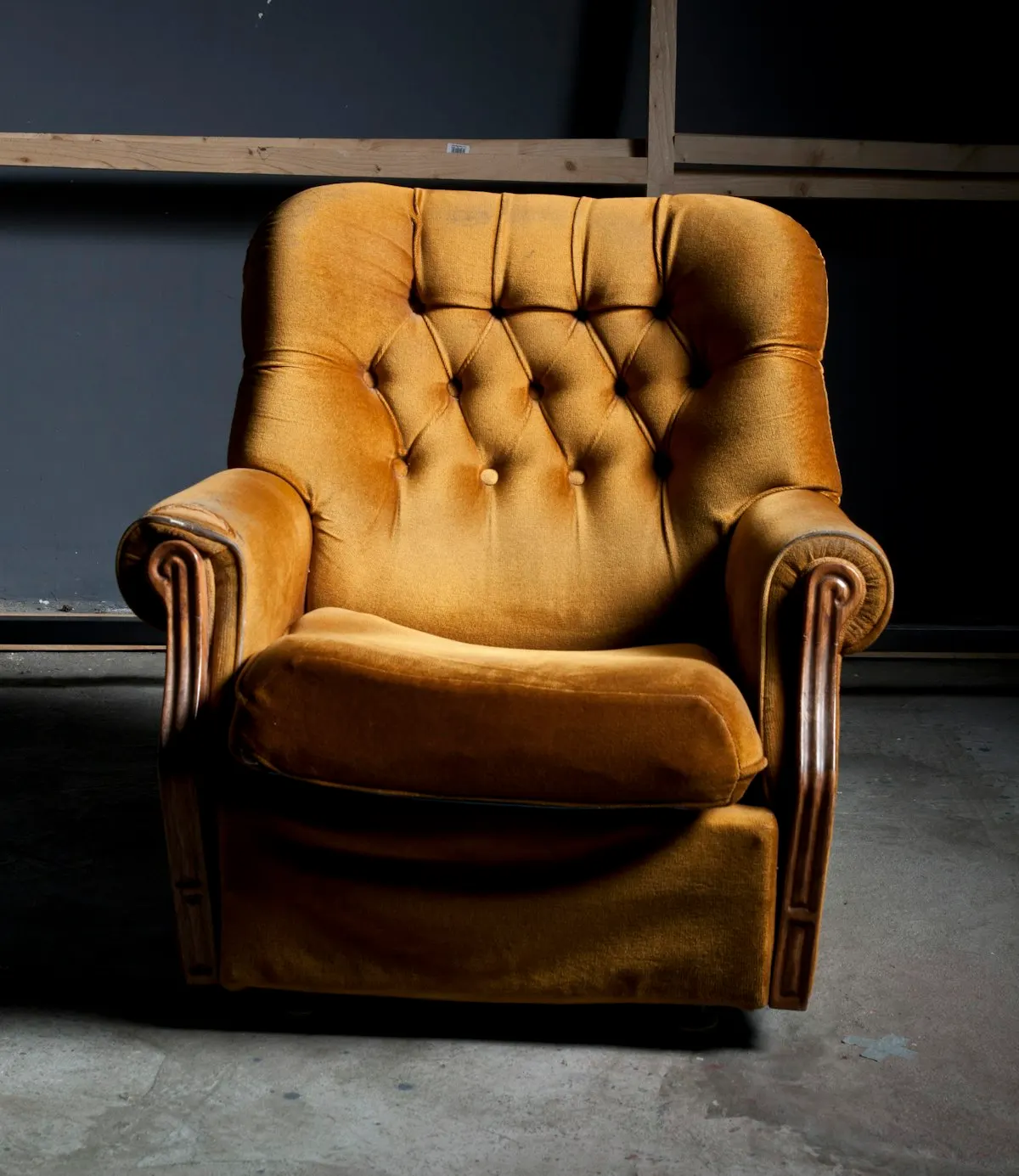 Reupholstered mustard buttoned wing armchair Lee Verity Upholstery Wakefield