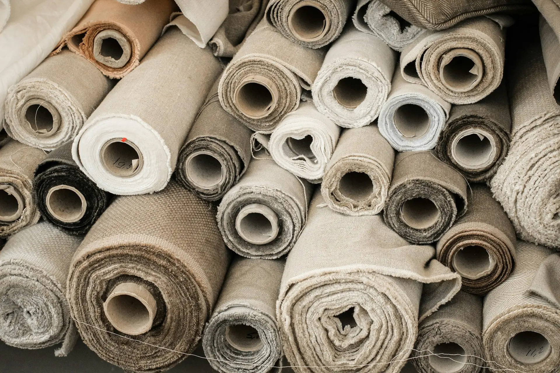 Rolls of upholstery fabric in the workshop Lee Verity Upholstery Wakefield