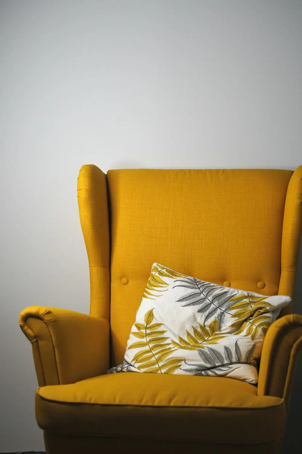 Bespoke yellow upholstered wing armchair made to measure Lee Verity Upholstery Wakefield